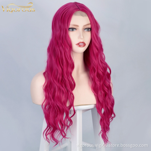 Vigorous Lace High Quality Synthetic Long Wavy red Full Wig front for Women Cosplay Heat Resistant Fiber Curly Colorful Wig